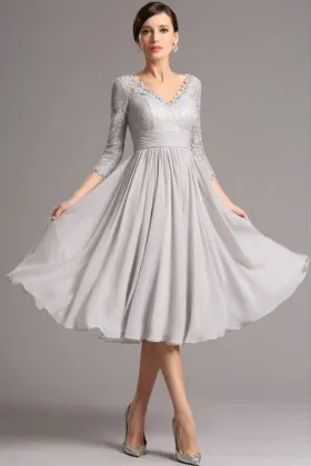 Tea Length Grey Lace Chiffon A line Anniversary Dress