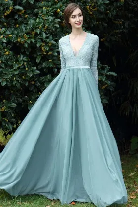 Dusty Blue Lace and Chiffon plunging V Neck Long Sleeve Vintage Prom Dress