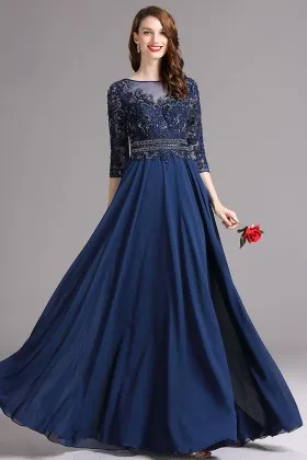 Vintage 3 4 Sleeved Lace and Chiffon Illusion Neck A line Long Prom Dress
