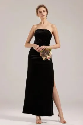 simple chocolate velvet side slit ankle length bridesmaid dress