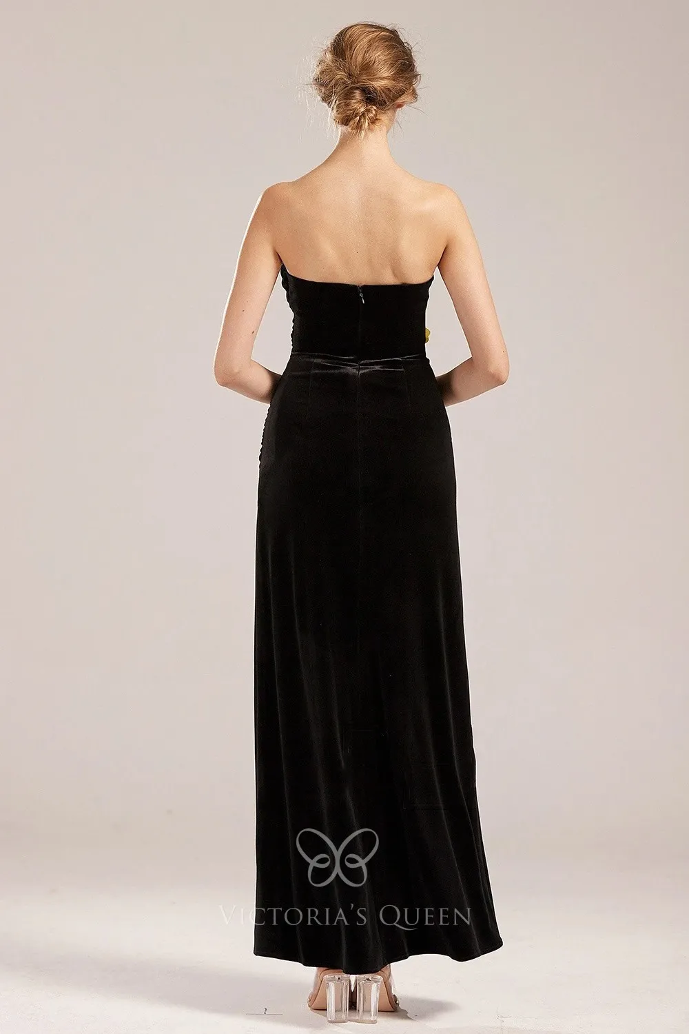 Simple Chocolate Velvet Slit Ankle Length Bridesmaid Dress VQ