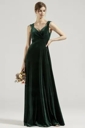 wide straps dark green velvet v neck long bridesmaid gown