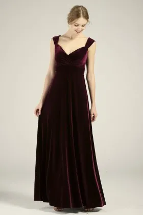 vintage wine velvet wide straps v neck bridal party dress