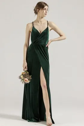 dark green velvet sheath high split backless bridesmaid gown