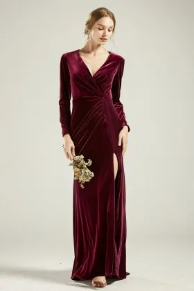 modest draped wine velvet sleeved split bridesmaid dress