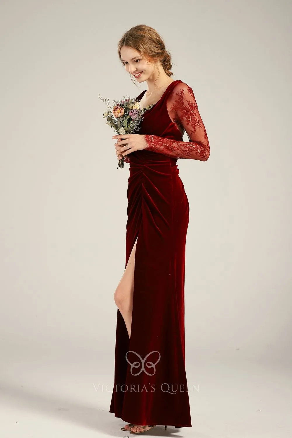 Half Sleeve V-neck Velvet Dress With Slit Plum