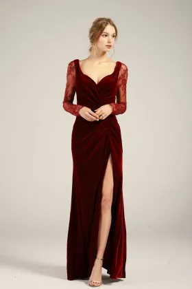 vintage illusion long sleeve draped wine velvet slit dress