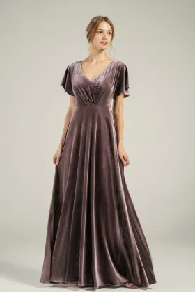 mocha velvet flutter sleeves illusion back bridesmaid dress
