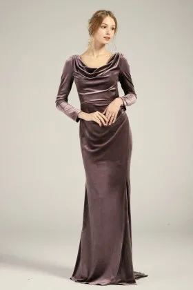 mocha velvet cowl neck sleeved slit winter bridesmaid dress
