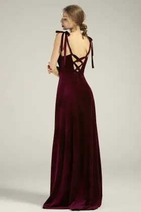 alluring burgundy velvet a line lace up back bridesmaid gown