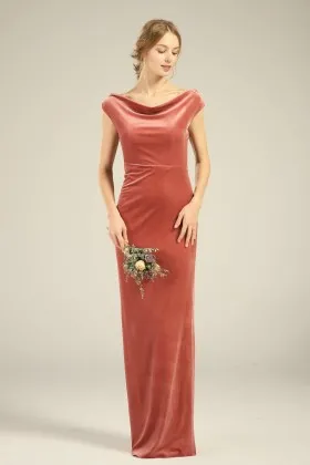 off shoulder english rose velvet sheath bridal party dress