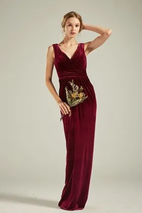 elegant v neck sleeveless burgundy velvet bridal party dress