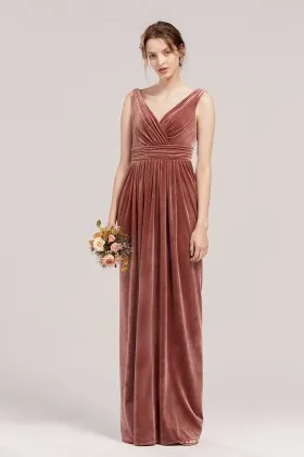 dusty rose velvet sleeveless pleated sheath bridesmaid dress
