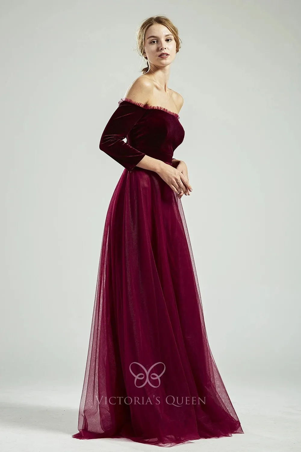 Off-shoulder Long Sleeve Merlot Velvet A-line Party Dress - VQ