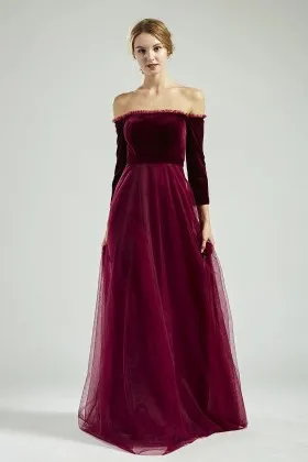 off shoulder long sleeve merlot velvet a line party dress