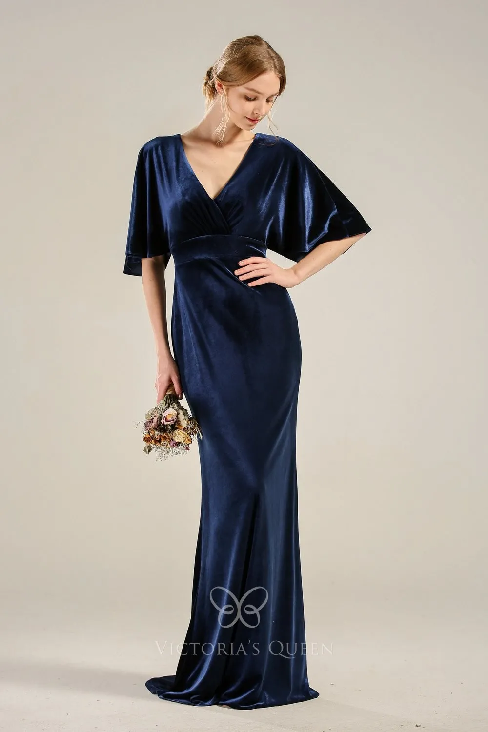 Demure Flutter Sleeve Navy Blue Velvet Maid of Honor Dress VQ