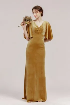 elegant short flutter sleeve ginger yellow bridesmaid dress