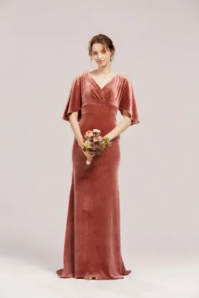 brick red velvet batwing sleeve mermaid bridal party dress