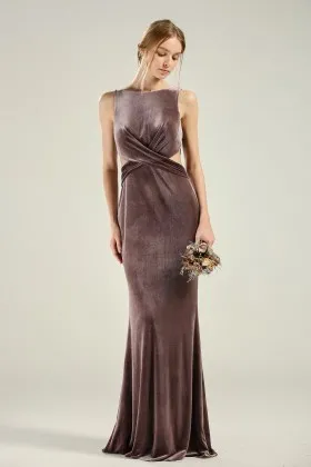 dark mauve velvet boat neck twist cut out bridesmaid dress