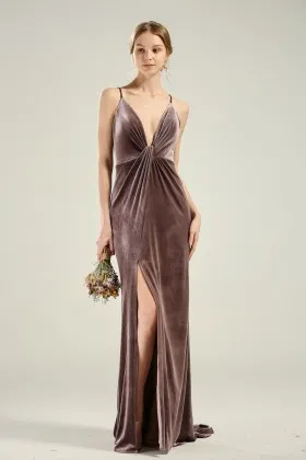 sexy deep v neck mocha brown velvet slit bridesmaid dress