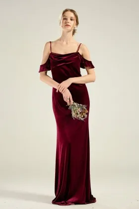 ruffled off shoulder burgundy velvet wedding party dress