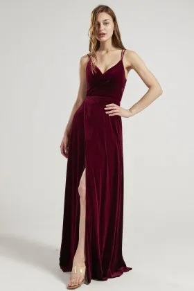 spaghetti straps slit burgundy velvet bridal party dress
