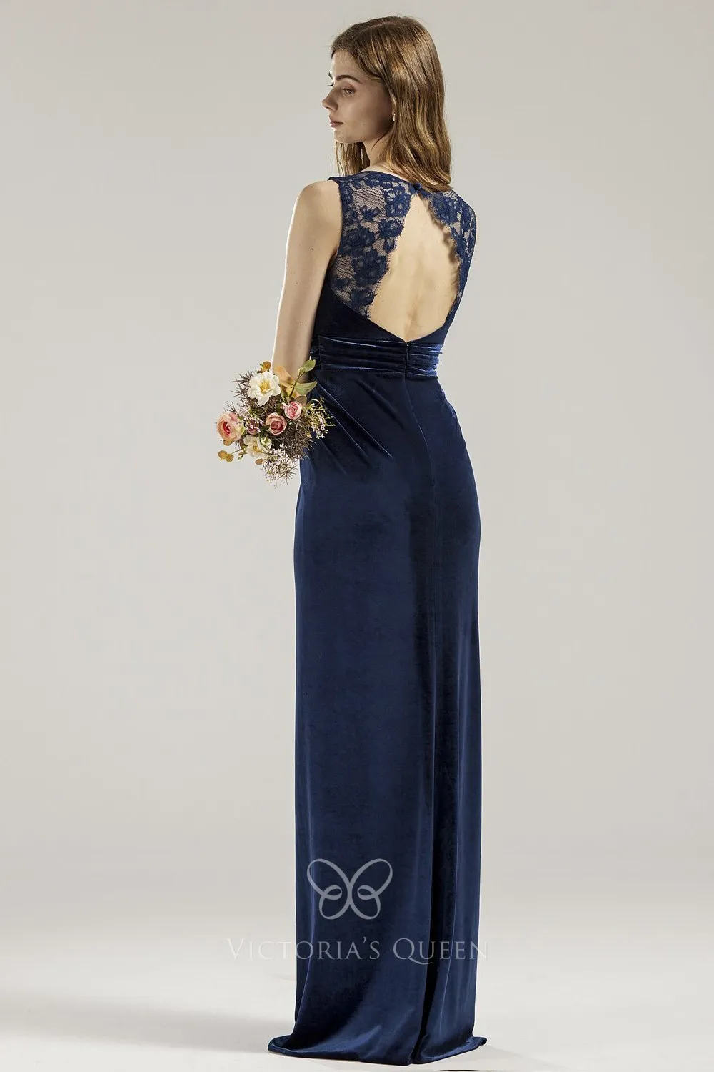 Simple V Neck Sleeveless Sheath Navy Velvet Bridesmaid Dress VQ