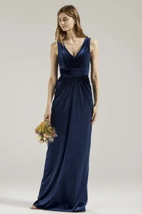 simple v neck sleeveless sheath navy velvet bridesmaid dress