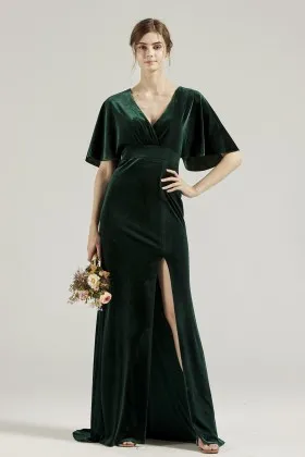 short flutter sleeves dark green velvet bridal party dress