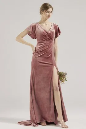 charming flare sleeve slit dusty pink velvet bridesmaid gown