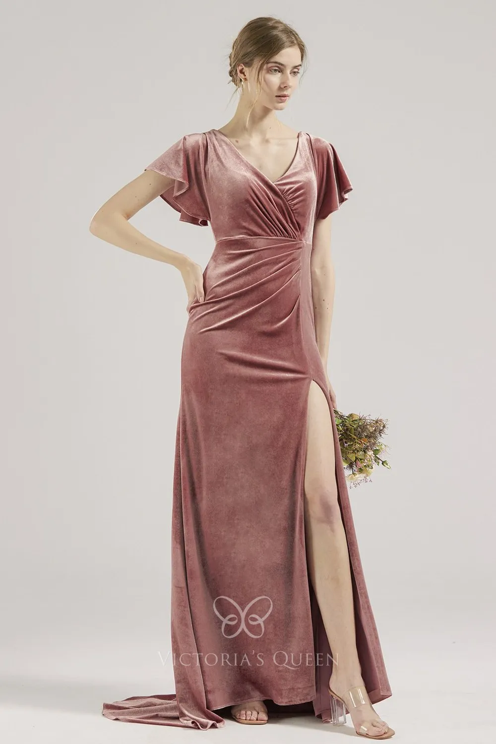 Charming Flare Sleeve Slit Dusty Pink Velvet Bridesmaid Gown VQ