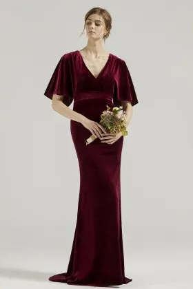 maroon velvet short flutter sleeve mermaid formal gown
