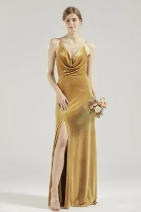 fashion cowl neck high slit mustard velvet bridesmaid gown