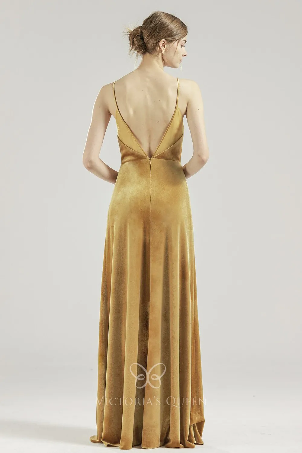 Fashion Cowl Neck High Slit Mustard Velvet Bridesmaid Gown VQ