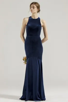 Navy Blue Velvet Halter Neck Drop Waist Bridesmaid Dress