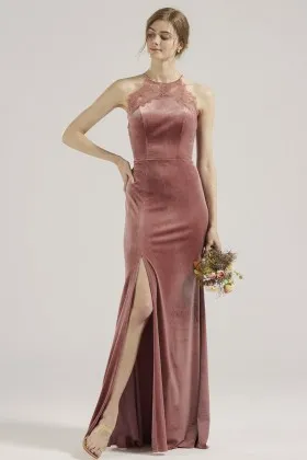 dusty pink velvet lace strappy back slit bridesmaid dress