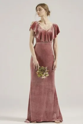 ruffled v neck v back dusty pink velvet bridesmaid dress