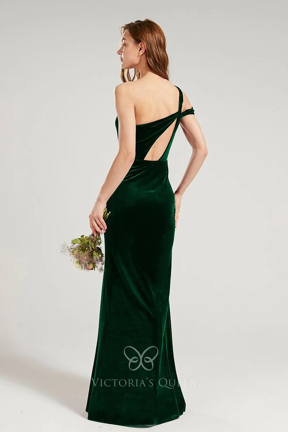 Unique One Shoulder Dark Green Velvet Split Bridesmaid Dress - VQ