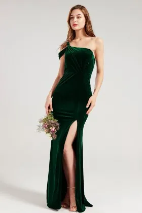 unique one shoulder dark green velvet split bridesmaid dress
