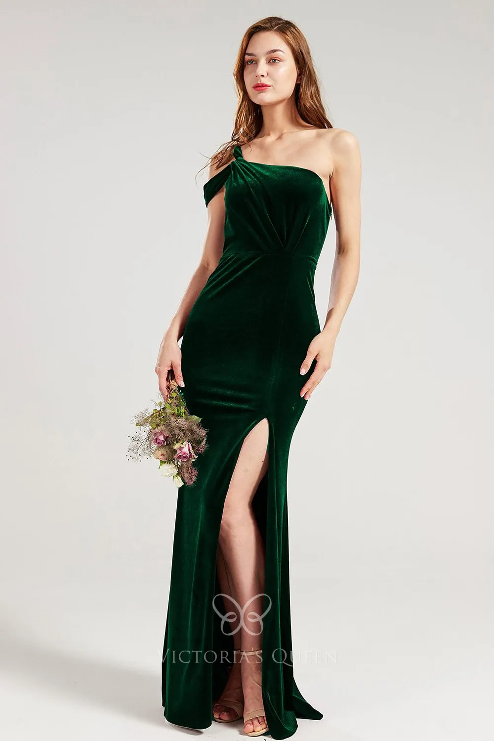 Unique One Shoulder Dark Green Velvet Split Bridesmaid Dress - VQ