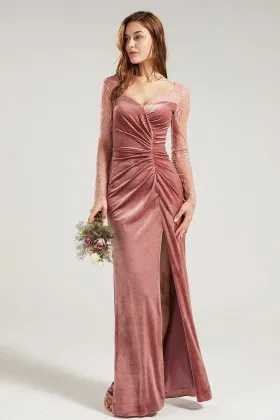 illusion lace long sleeve draped sheath slit bridesmaid gown