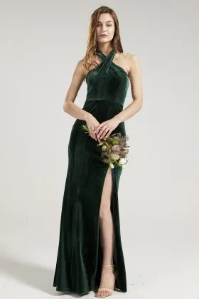 high slit criss cross neck dark green velvet bridesmaid dress