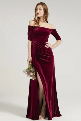 wine velvet off shoulder half sleeves slit bridesmaid dress