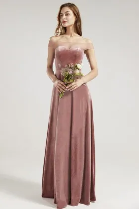 dusty rose velvet sheer off shoulder a line bridesmaid dress