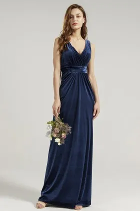 V neck sleeveless navy velvet bridesmaid dress