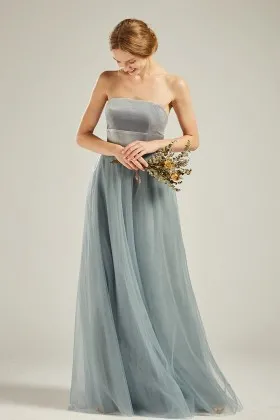 gray velvet and dusty blue tulle a line bridesmaid dress