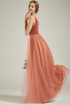 english rose velvet tulle v neck a line bridesmaid dress