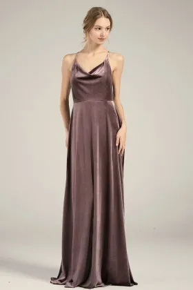 elegant cowl neck mocha brown velvet long bridesmaid dress