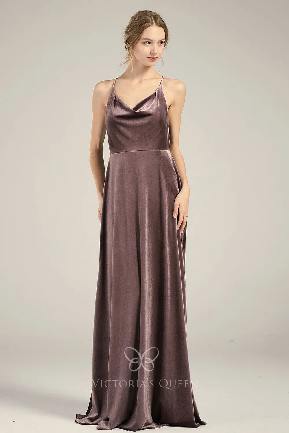 Elegant Cowl Neck Mocha Brown Velvet Long Bridesmaid Dress - VQ