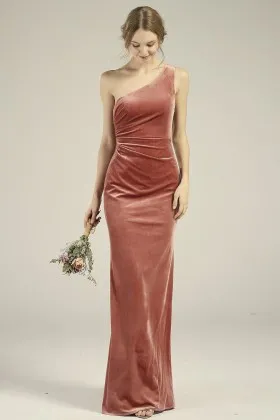 one shoulder draped velvet keyhole back bridesmaid dress
